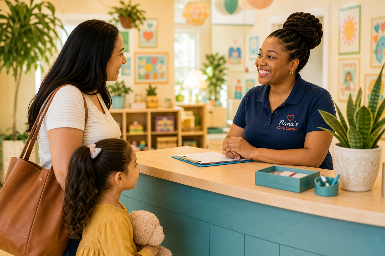 A Nana's Cozy Corner team member in a branded shirt speaking with a parent and child at the front desk