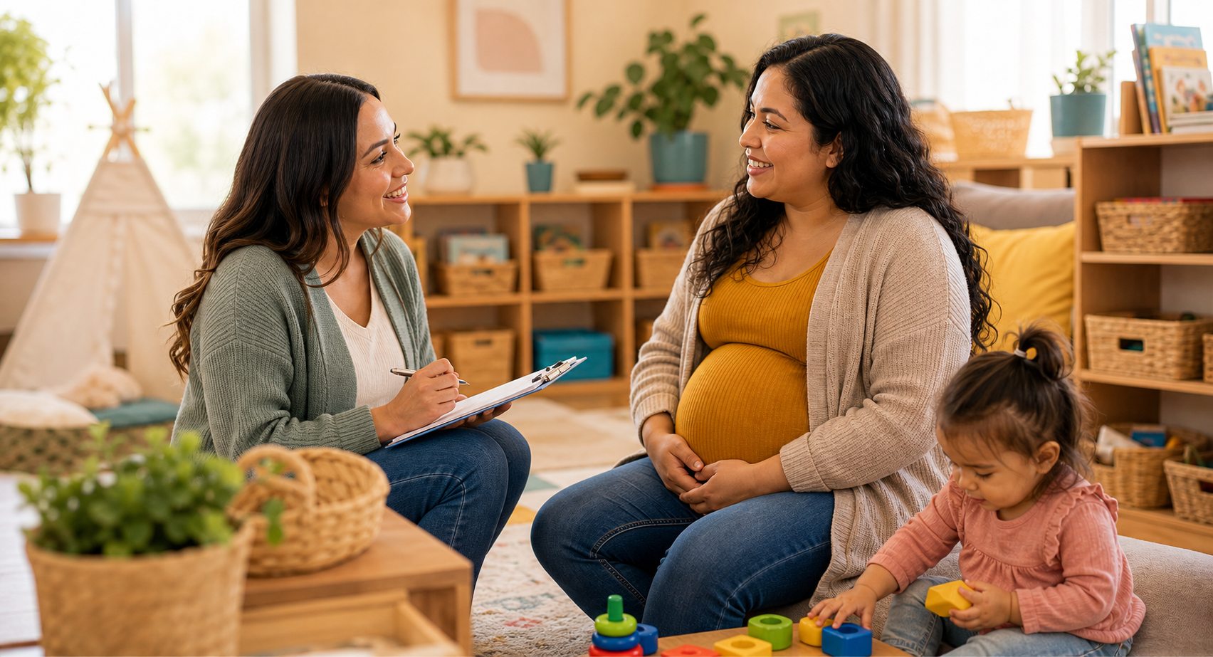 A childcare educator discussing Early Head Start support with a parent