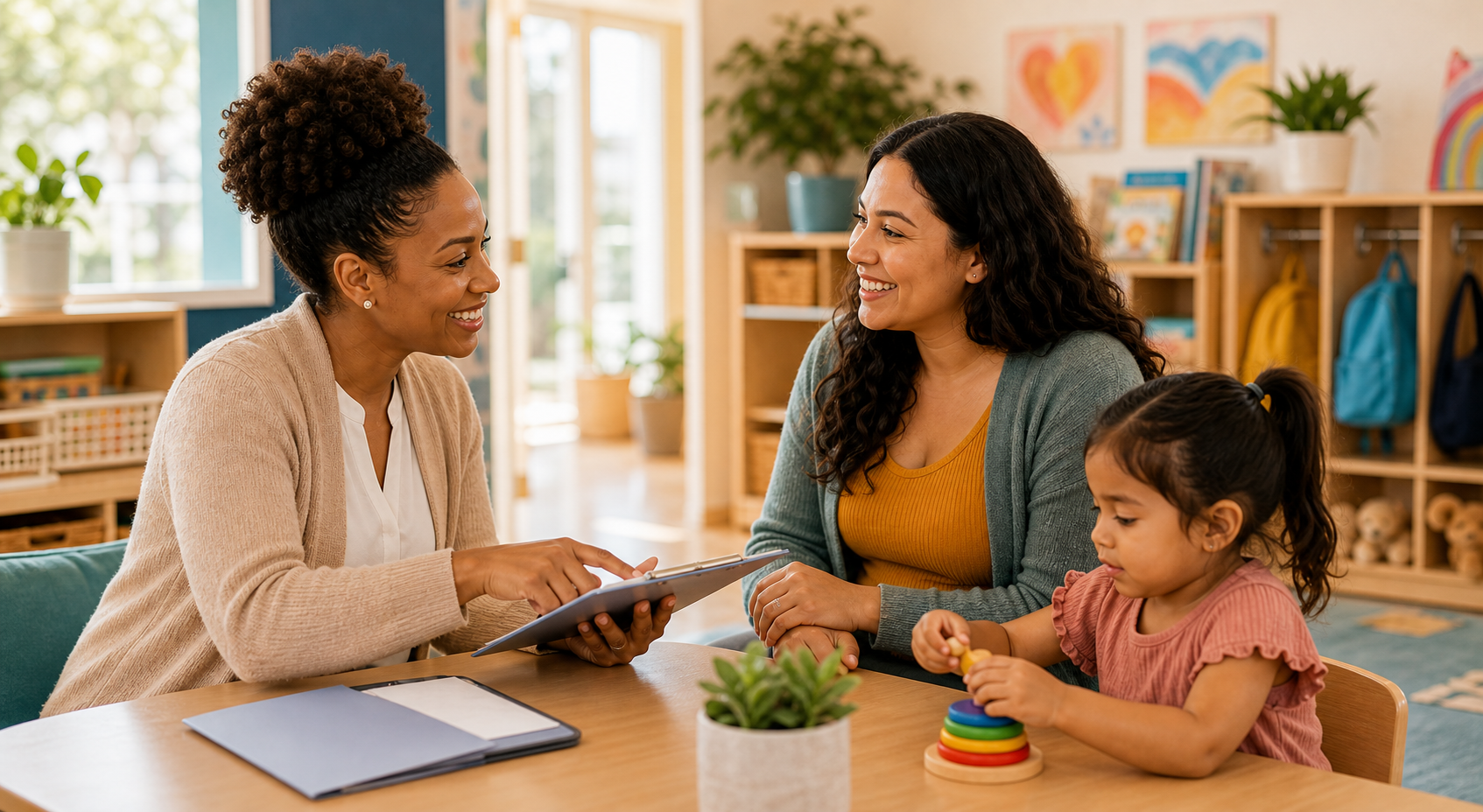 A childcare staff member reviewing enrollment information with a parent and child