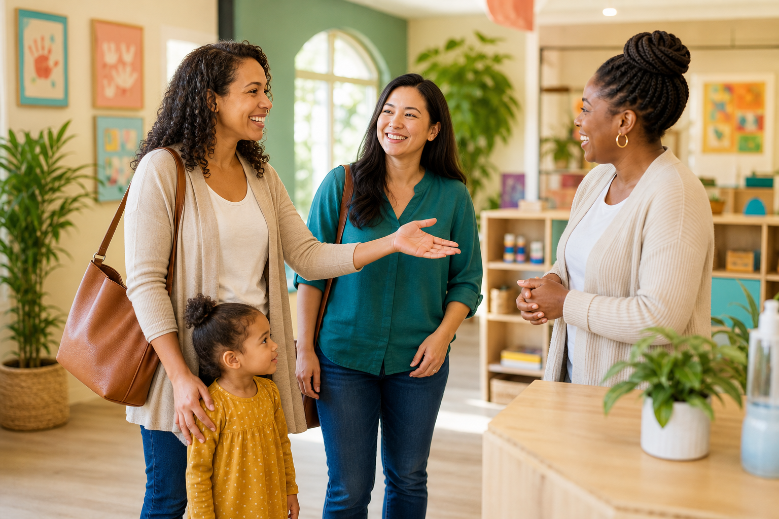 A parent introducing another caregiver to a friendly daycare team member