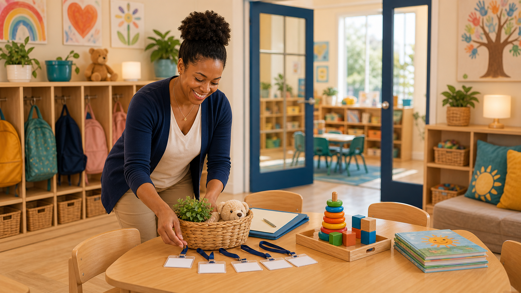 A childcare teacher preparing a classroom welcome table before a family tour